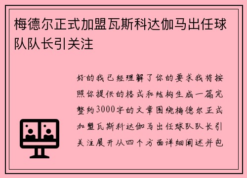 梅德尔正式加盟瓦斯科达伽马出任球队队长引关注