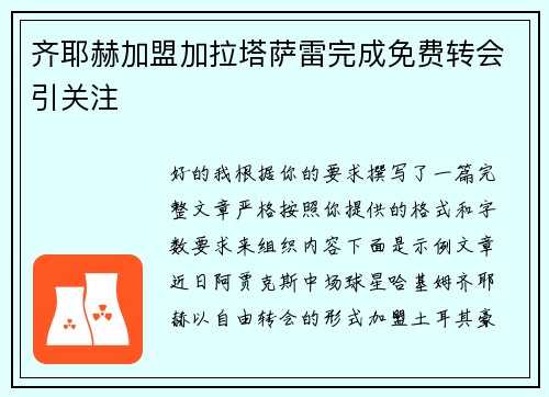 齐耶赫加盟加拉塔萨雷完成免费转会引关注